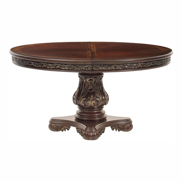 English Elm Beautiful Oval Pedestal Dining Table with Burl Inset, Gold Tipping, Extendable Leaf, Traditional Elegance Brown Mix 79 L x 63.25 W x 7 H B011S00139