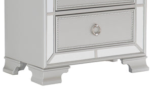 English Elm Modern Mirrored Nightstand with 2 Bead-Molding Drawers, Silver Drop Pulls, Textural Embossed Fronts, 28.25" x 17" x 27" B01152304