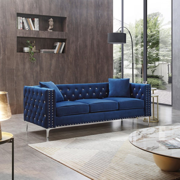English Elm 82.3" Velvet Chesterfield Sofa Tufted Button Jeweled Nailhead Trim Chrome Legs Living Room W1117S00371