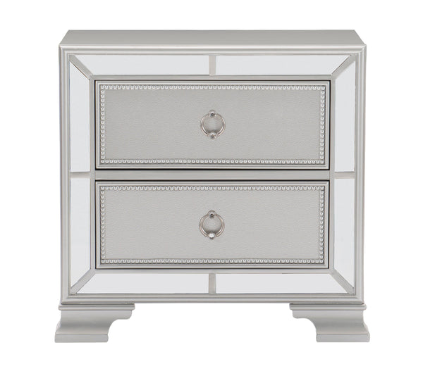 English Elm Modern Mirrored Nightstand with 2 Bead-Molding Drawers, Silver Drop Pulls, Textural Embossed Fronts, 28.25" x 17" x 27" B01152304
