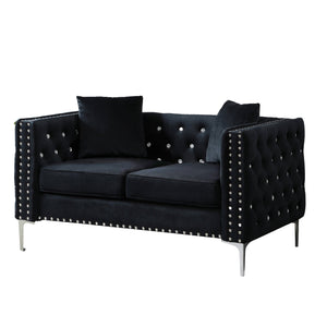 English Elm 59.4 Inch Wide Black Velvet Sofa With Jeweled Tufting, Chrome Legs & 2 Cozy Throw Pillows For Glam Style W1117S00281