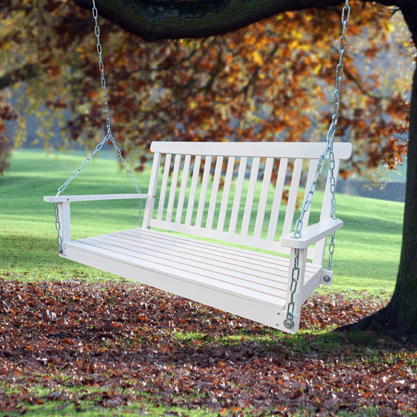 English Elm Front Porch Swing Solid Wood Bench with Armrests, Weatherproof Varnish, Heavy-Duty 800 lb Capacity White W49543722