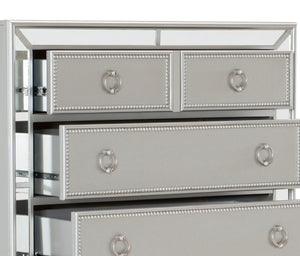 English Elm Modern Mirrored Chest of Drawers Silver Finish Embossed Bead-Molding Fronts Glamorous Storage 54"H B01152307