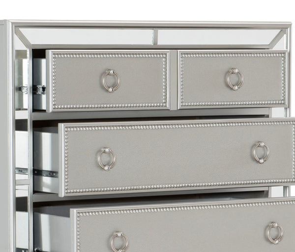 English Elm Modern Mirrored Chest of Drawers Silver Finish Embossed Bead-Molding Fronts Glamorous Storage 54"H B01152307