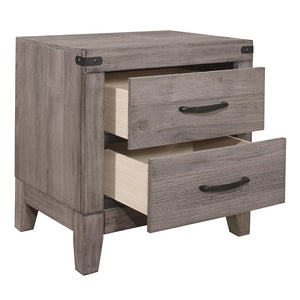 English Elm Brownish Gray Finish 1 Piece Nightstand Melamine Laminate 2X Drawers Dark Metal Hardware Bed Side Table