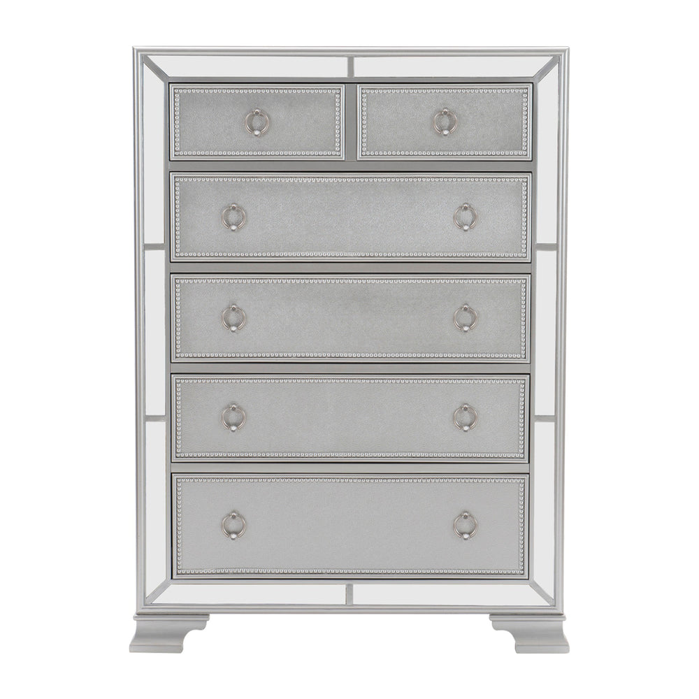 English Elm Modern Mirrored Chest of Drawers Silver Finish Embossed Bead-Molding Fronts Glamorous Storage 54"H B01152307