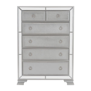 English Elm Modern Mirrored Chest of Drawers Silver Finish Embossed Bead-Molding Fronts Glamorous Storage 54"H B01152307