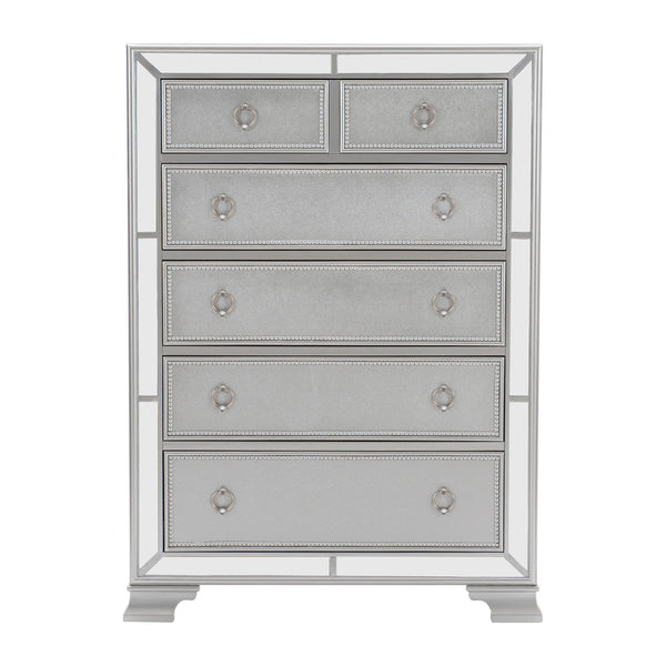 English Elm Modern Mirrored Chest of Drawers Silver Finish Embossed Bead-Molding Fronts Glamorous Storage 54"H B01152307