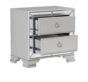 English Elm Modern Mirrored Nightstand with 2 Bead-Molding Drawers, Silver Drop Pulls, Textural Embossed Fronts, 28.25" x 17" x 27" B01152304