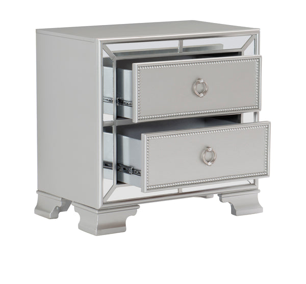 English Elm Modern Mirrored Nightstand with 2 Bead-Molding Drawers, Silver Drop Pulls, Textural Embossed Fronts, 28.25" x 17" x 27" B01152304