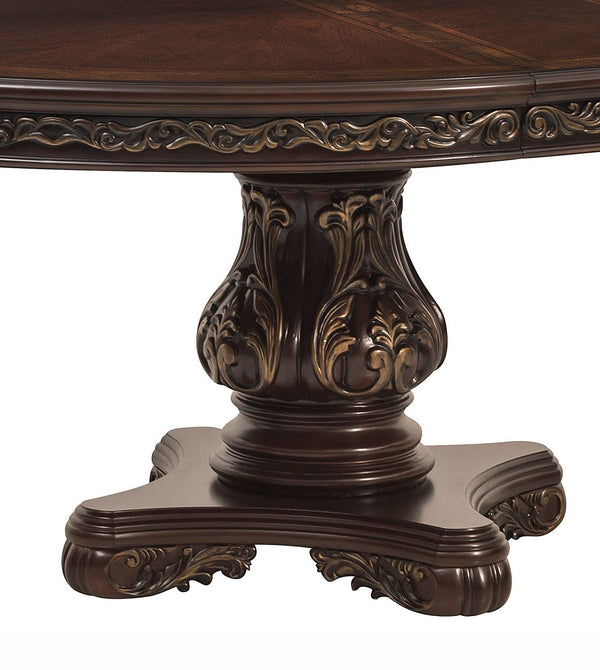 English Elm Beautiful Oval Pedestal Dining Table with Burl Inset, Gold Tipping, Extendable Leaf, Traditional Elegance Brown Mix 79 L x 63.25 W x 7 H B011S00139