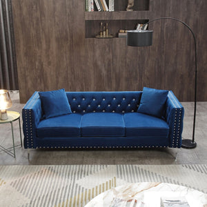 English Elm 82.3" Velvet Chesterfield Sofa Tufted Button Jeweled Nailhead Trim Chrome Legs Living Room W1117S00371