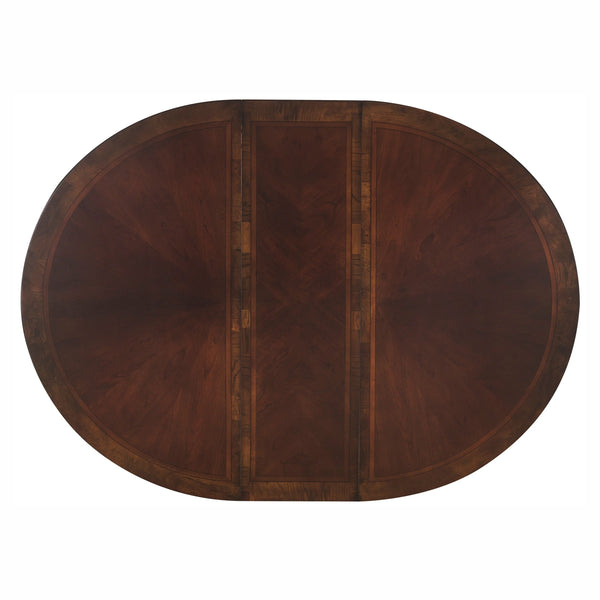 English Elm Beautiful Oval Pedestal Dining Table with Burl Inset, Gold Tipping, Extendable Leaf, Traditional Elegance Brown Mix 79 L x 63.25 W x 7 H B011S00139