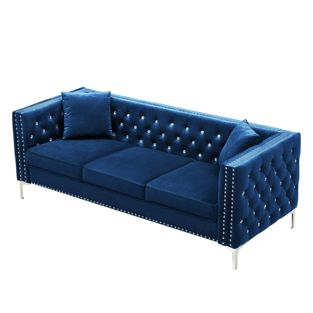 English Elm 82.3" Velvet Chesterfield Sofa Tufted Button Jeweled Nailhead Trim Chrome Legs Living Room W1117S00371