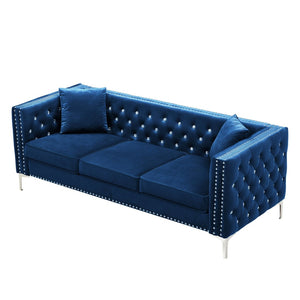 English Elm 82.3" Velvet Chesterfield Sofa Tufted Button Jeweled Nailhead Trim Chrome Legs Living Room W1117S00371
