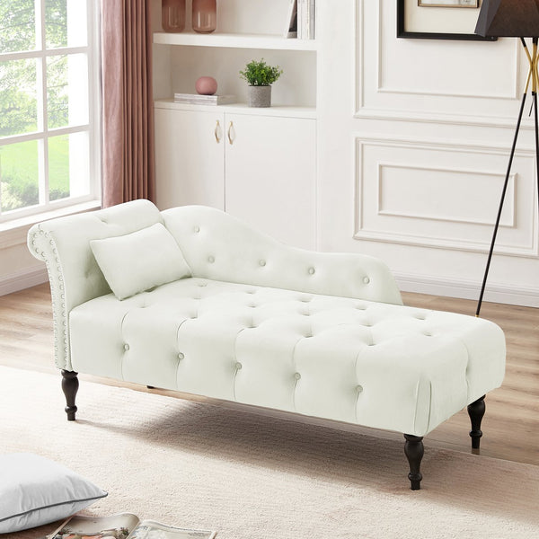 English Elm Aijia Velvet Chaise Lounge with Tufted Buttons, Nailhead Trim & Solid Wood Legs for Comfort White W111740823