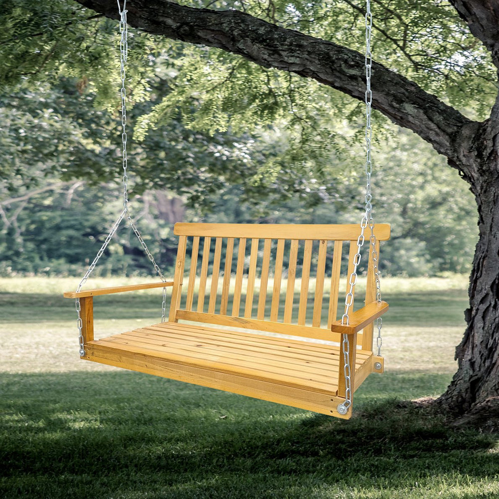 English Elm Front Porch Swing Solid Wood Bench with Armrests, Weatherproof Varnish, Heavy-Duty 800 lb Capacity Teak W49543723