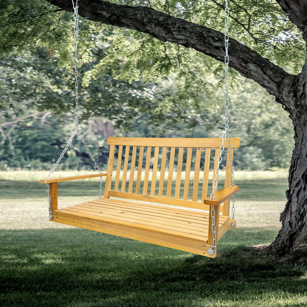 English Elm Front Porch Swing Solid Wood Bench with Armrests, Weatherproof Varnish, Heavy-Duty 800 lb Capacity Teak W49543723