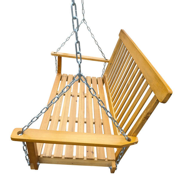 English Elm Front Porch Swing Solid Wood Bench with Armrests, Weatherproof Varnish, Heavy-Duty 800 lb Capacity Teak W49543723