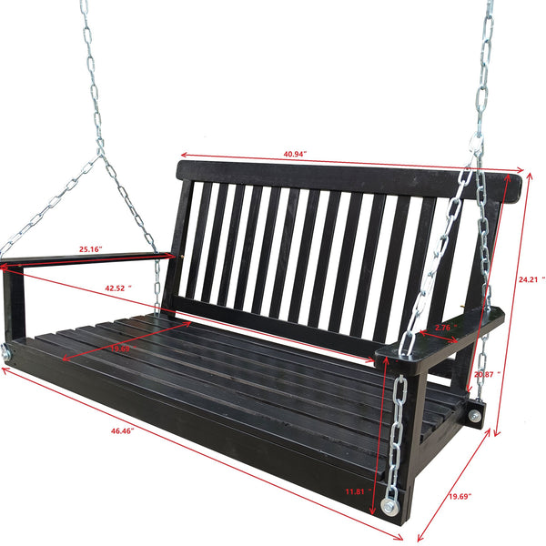 English Elm Front Porch Swing Solid Wood Bench with Armrests, Weatherproof Varnish, Heavy-Duty 800 lb Capacity Black W49543721