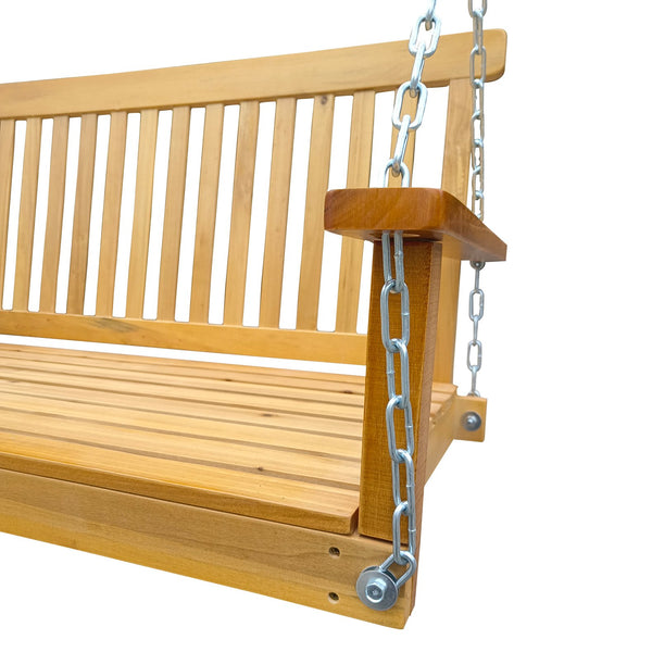 English Elm Front Porch Swing Solid Wood Bench with Armrests, Weatherproof Varnish, Heavy-Duty 800 lb Capacity Teak W49543723