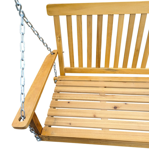 English Elm Front Porch Swing Solid Wood Bench with Armrests, Weatherproof Varnish, Heavy-Duty 800 lb Capacity Teak W49543723