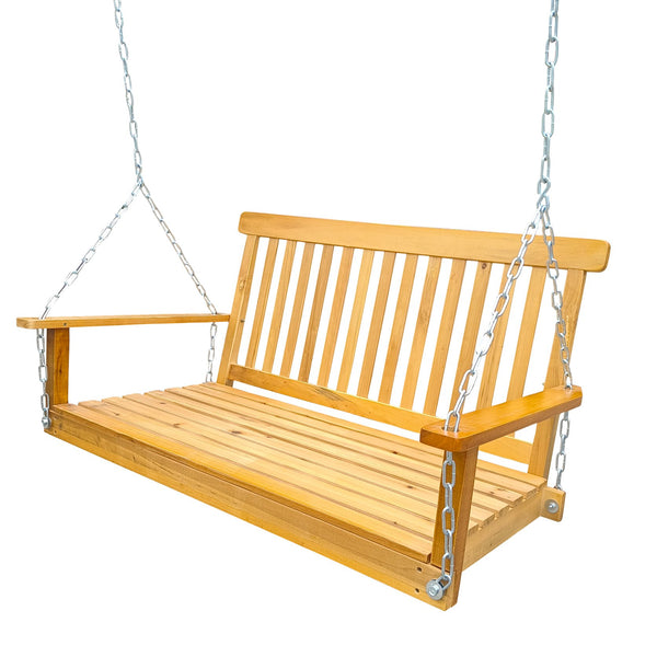 English Elm Front Porch Swing Solid Wood Bench with Armrests, Weatherproof Varnish, Heavy-Duty 800 lb Capacity Teak W49543723