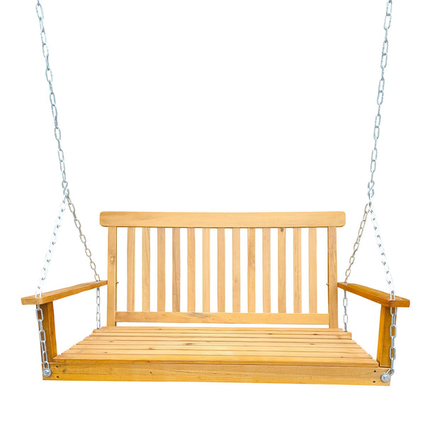 English Elm Front Porch Swing Solid Wood Bench with Armrests, Weatherproof Varnish, Heavy-Duty 800 lb Capacity Teak W49543723