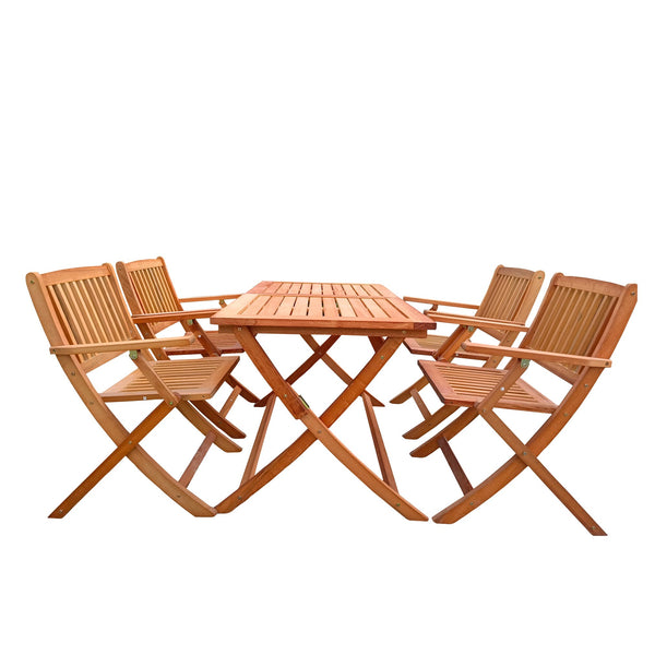 English Elm Foldable Teak Patio Dining Set with 4 Oak Folding Chairs & Compact Table, Lightweight, Easy-Assembly Durable W495S00001