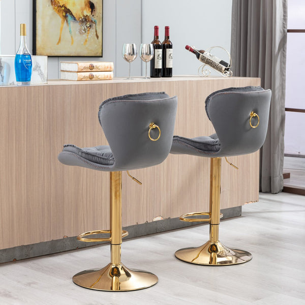 English Elm Set of 2 Velvet Counter Stools with Swivel, Adjustable Height, Chrome Base & Gold Legs for Modern Bars Grey W124946151