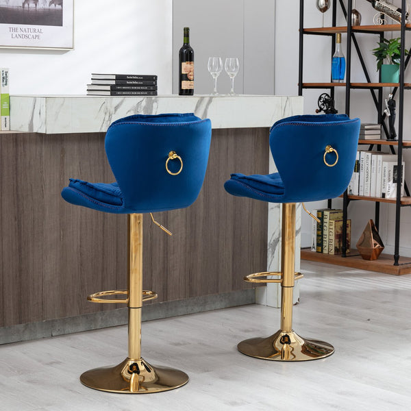 English Elm Set of 2 Velvet Counter Stools with Swivel, Adjustable Height, Chrome Base & Gold Legs for Modern Bars Navy Blue W124946145