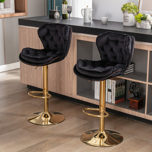 English Elm Set of 2 Velvet Bar Stools with 360° Swivel, 300lb Metal Frame, Height Adjustable Gold Legs, Black W124946147