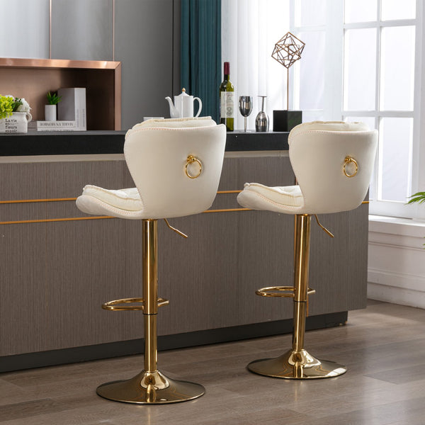 English Elm Set of 2 Velvet Counter Stools with Swivel, Adjustable Height, Chrome Base & Gold Legs for Modern Bars Cream W124946149