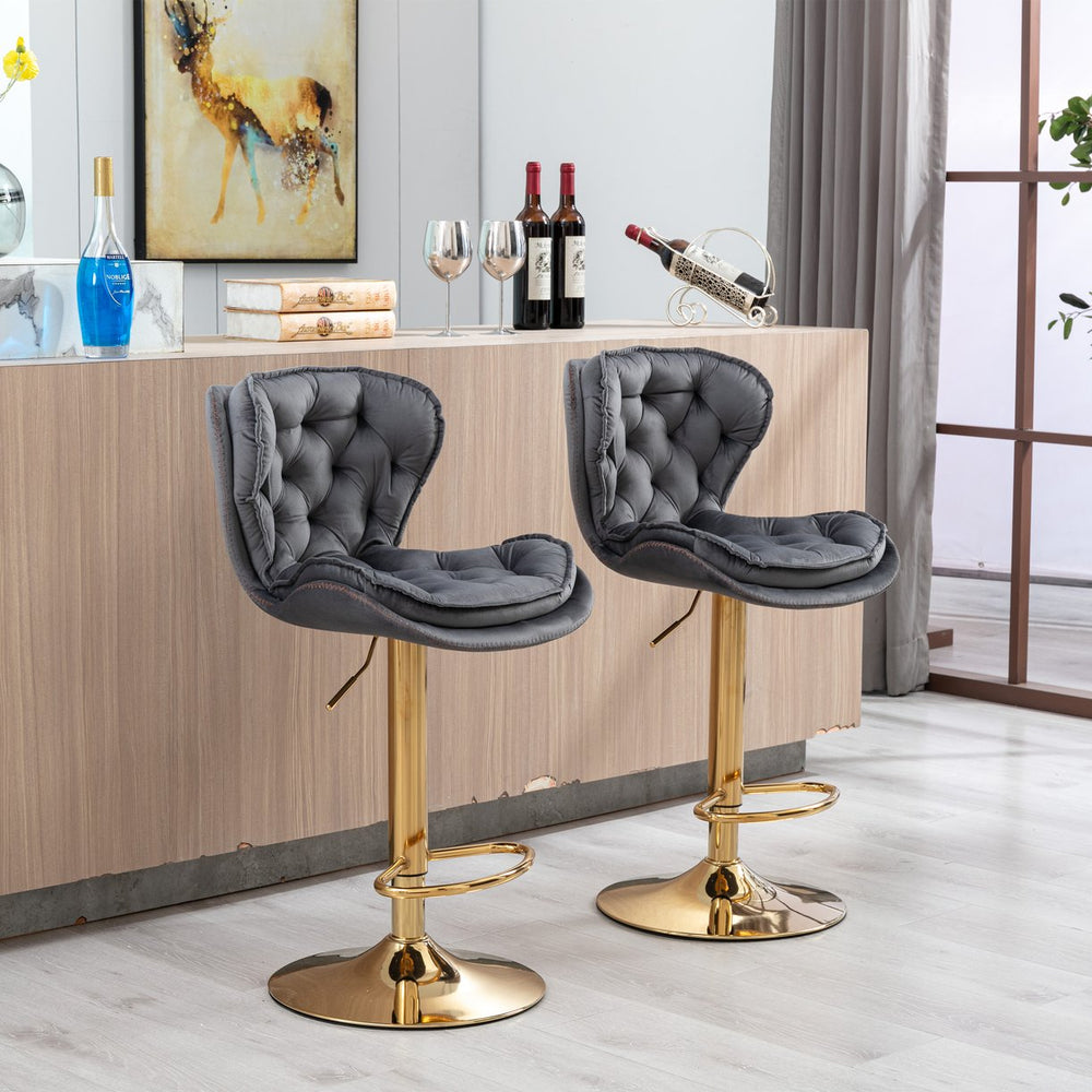 English Elm Set of 2 Velvet Counter Stools with Swivel, Adjustable Height, Chrome Base & Gold Legs for Modern Bars Grey W124946151