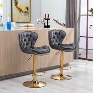 English Elm Set of 2 Velvet Counter Stools with Swivel, Adjustable Height, Chrome Base & Gold Legs for Modern Bars Grey W124946151