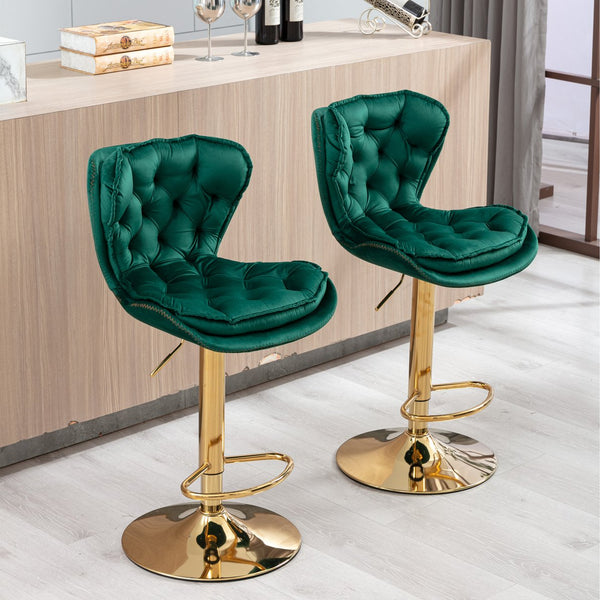 English Elm Set of 2 Velvet Counter Stools with Swivel, Adjustable Height, Chrome Base & Gold Legs for Modern Bars Green W124946143