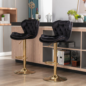 English Elm Set of 2 Velvet Bar Stools with 360° Swivel, 300lb Metal Frame, Height Adjustable Gold Legs, Black W124946147