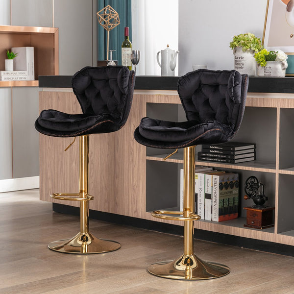 English Elm Set of 2 Velvet Bar Stools with 360° Swivel, 300lb Metal Frame, Height Adjustable Gold Legs, Black W124946147