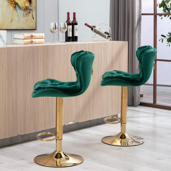 English Elm Set of 2 Velvet Counter Stools with Swivel, Adjustable Height, Chrome Base & Gold Legs for Modern Bars Green W124946143