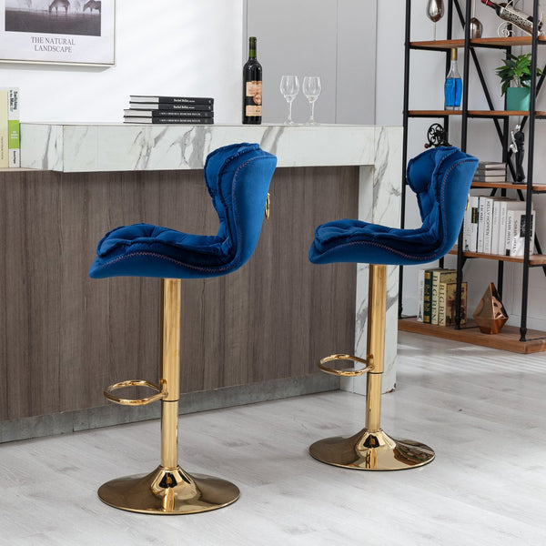English Elm Set of 2 Velvet Counter Stools with Swivel, Adjustable Height, Chrome Base & Gold Legs for Modern Bars Navy Blue W124946145