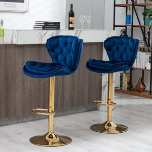 English Elm Set of 2 Velvet Counter Stools with Swivel, Adjustable Height, Chrome Base & Gold Legs for Modern Bars Navy Blue W124946145