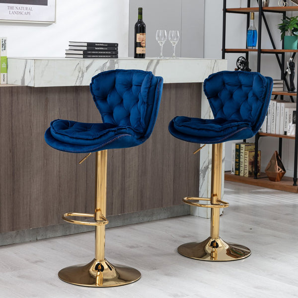 English Elm Set of 2 Velvet Counter Stools with Swivel, Adjustable Height, Chrome Base & Gold Legs for Modern Bars Navy Blue W124946145