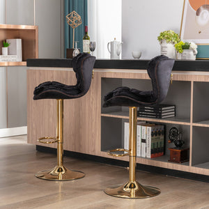 English Elm Set of 2 Velvet Bar Stools with 360° Swivel, 300lb Metal Frame, Height Adjustable Gold Legs, Black W124946147