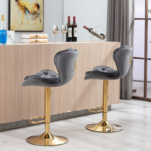 English Elm Set of 2 Velvet Counter Stools with Swivel, Adjustable Height, Chrome Base & Gold Legs for Modern Bars Grey W124946151