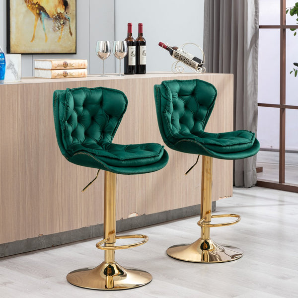 English Elm Set of 2 Velvet Counter Stools with Swivel, Adjustable Height, Chrome Base & Gold Legs for Modern Bars Green W124946143