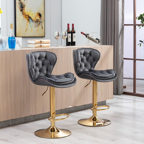 English Elm Set of 2 Velvet Counter Stools with Swivel, Adjustable Height, Chrome Base & Gold Legs for Modern Bars Grey W124946151