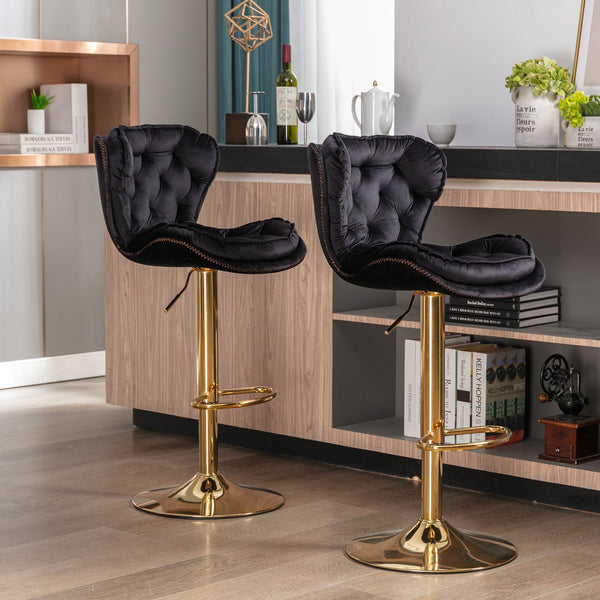 English Elm Set of 2 Velvet Bar Stools with 360° Swivel, 300lb Metal Frame, Height Adjustable Gold Legs, Black W124946147