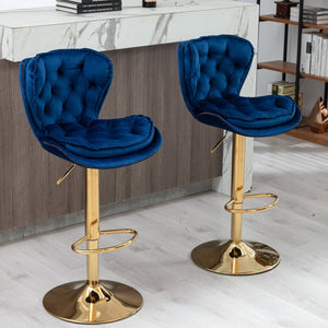 English Elm Set of 2 Velvet Counter Stools with Swivel, Adjustable Height, Chrome Base & Gold Legs for Modern Bars Navy Blue W124946145
