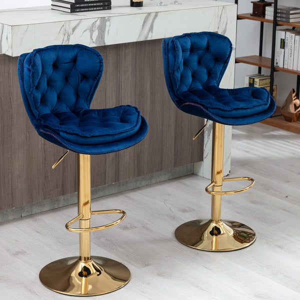 English Elm Set of 2 Velvet Counter Stools with Swivel, Adjustable Height, Chrome Base & Gold Legs for Modern Bars Navy Blue W124946145