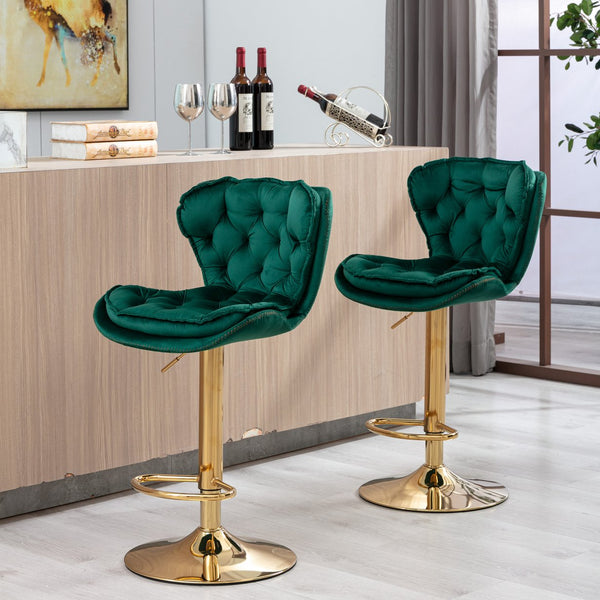 English Elm Set of 2 Velvet Counter Stools with Swivel, Adjustable Height, Chrome Base & Gold Legs for Modern Bars Green W124946143